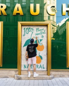 Glod - Cooperation with Rauch Juice Bar, at Neubaugasse in Vienna. Glod make a street art painting